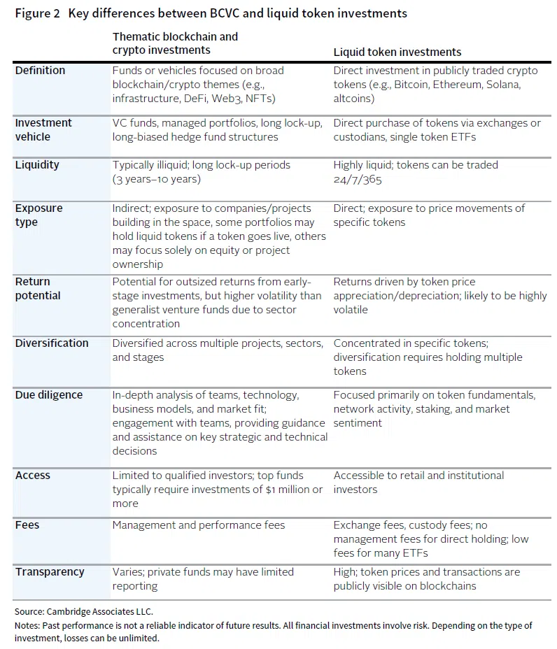 Table showing the key differences between BCVC and liquid token investments